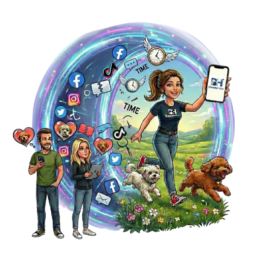 Happy breeders with dogs meeting buyers